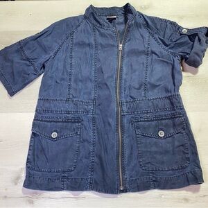 J. Jill Navy Roll Short Sleeve Offset Zipper Tencel Utility Jacket, Size Medium